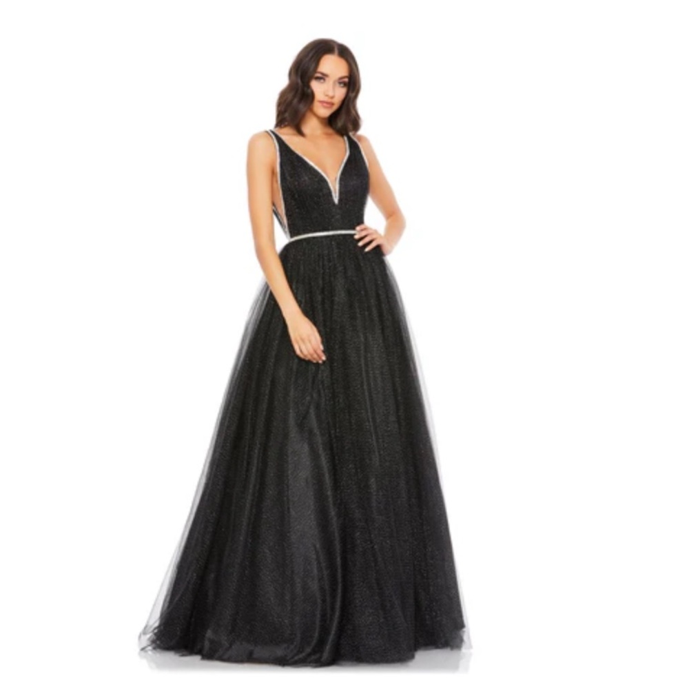 Mac Duggal Black Glitter V-Neck Tulle Maxi Gown